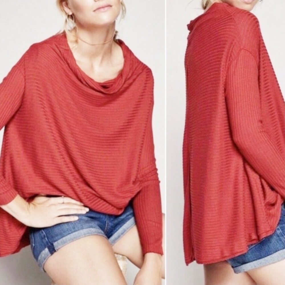 We the Free Lover Ribbed Split Thermal Top Tunic Rust Orange Oversized Medium